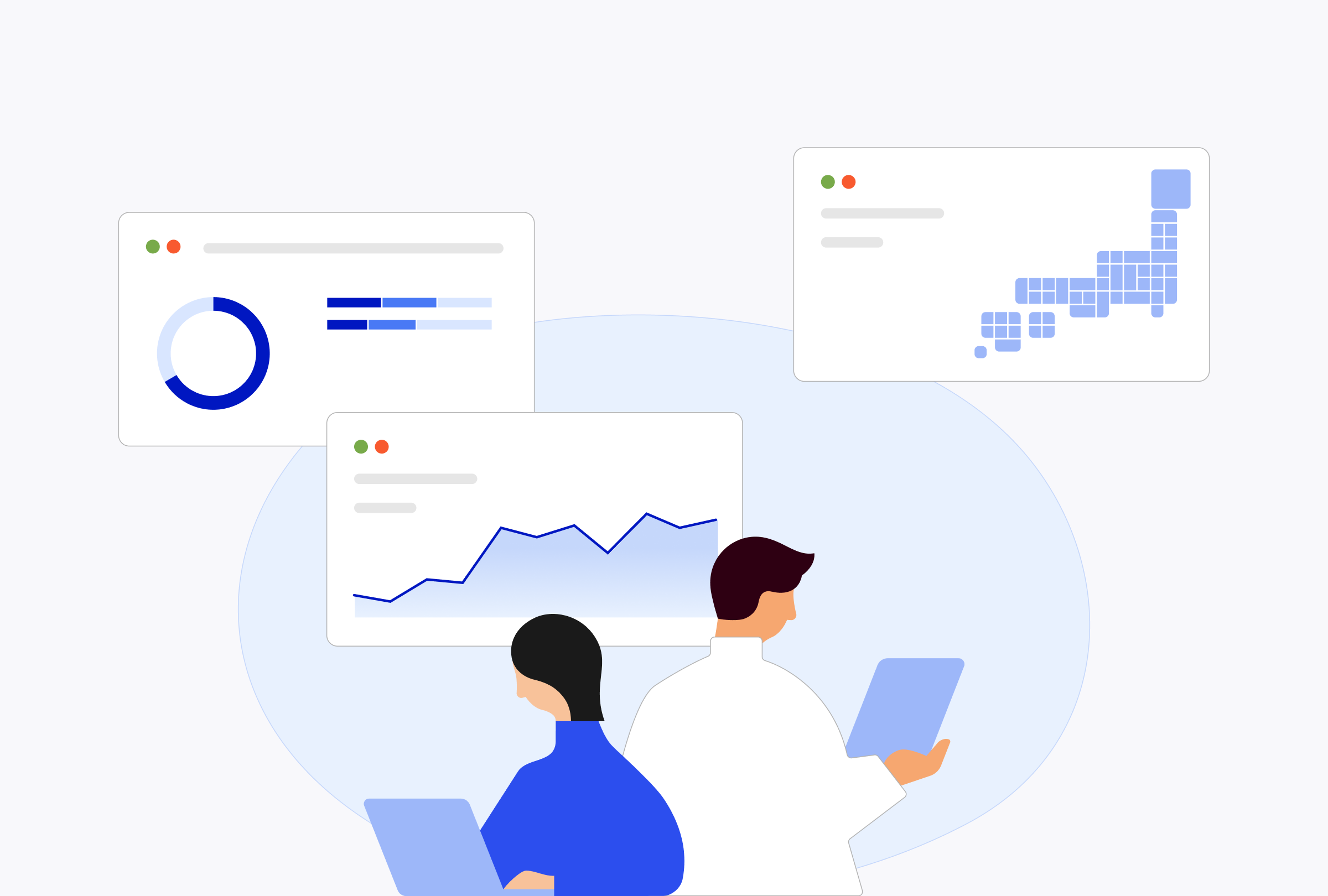 青い服を着た女性がパソコンを見ており、白い服を着た男性がタブレットを持っている様子を表したイラスト。