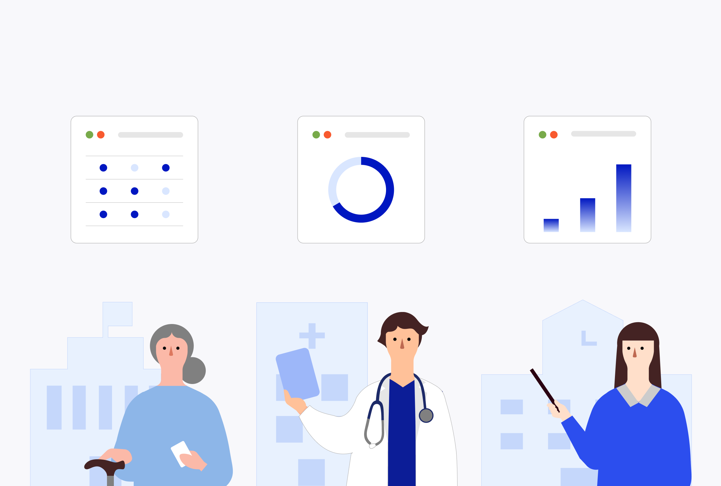 杖を持った女性、医師の男性、教職員の女性がそれぞれグラフを指し示している様子を表したイラスト。