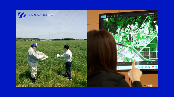 2枚の写真を組み合わせて構成。左側の写真では男性2人が農地に立っており、作付確認を目視で実施している様子が写っている。右側の写真では、女性の肩越しにモニターが置かれており、衛星画像解析システムの画面が投影されている。
