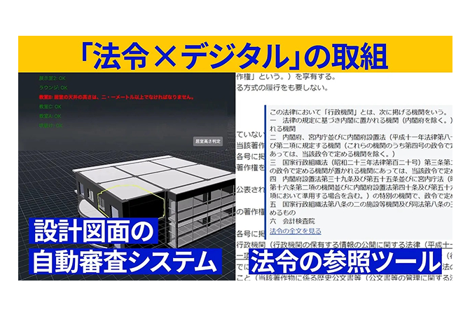 新しいリーガルサービスや政策立案プロセスを創出する「法令」x「デジタル」の取組」のYouTubeのサムネイル画像。「設計図面の自動審査システム」と「法令の参照ツール」がそれぞれ横2枚で分割して写っている