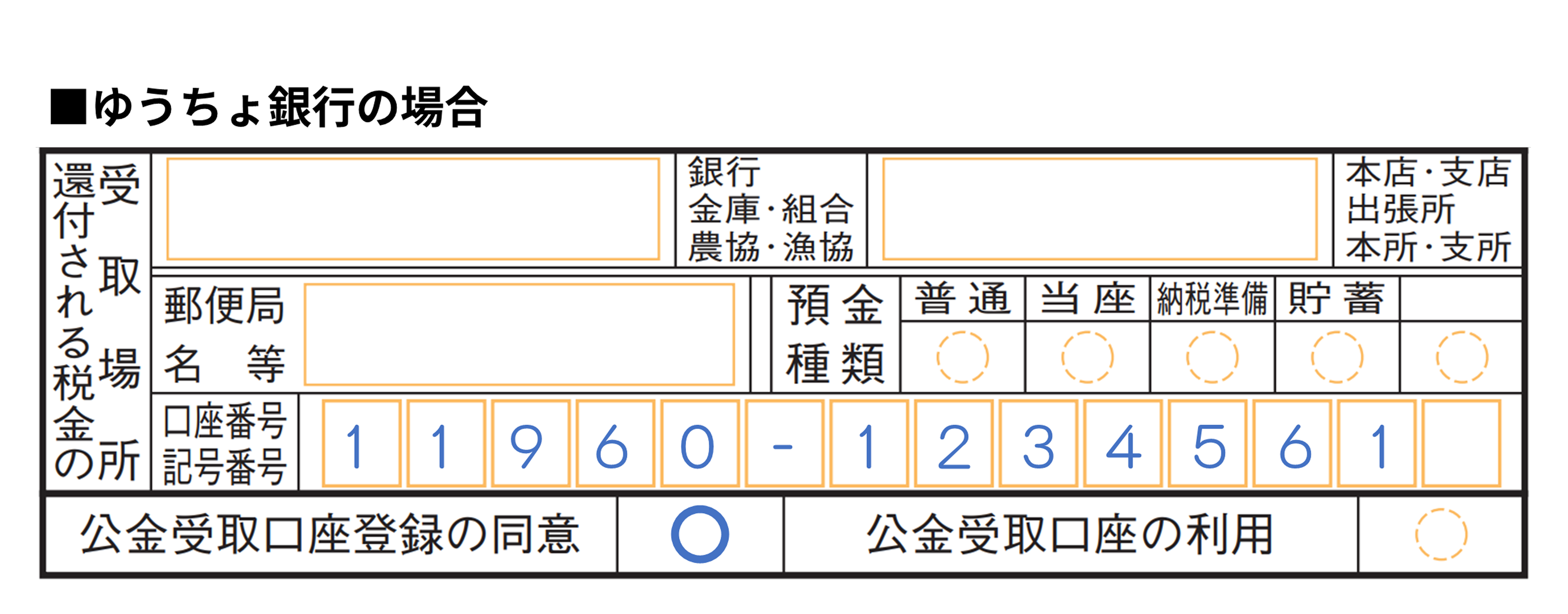 Example of application form for public money receiving account registration. For Japan Post Bank, enter