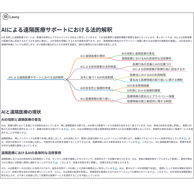 最優秀賞に選ばれた作品「Lawsy」の作品画面イメージ。AIによる遠隔医療サポートにおける法的解釈に関するレポートが表示されている。レポートには、テキストだけでなく図も表示されている。