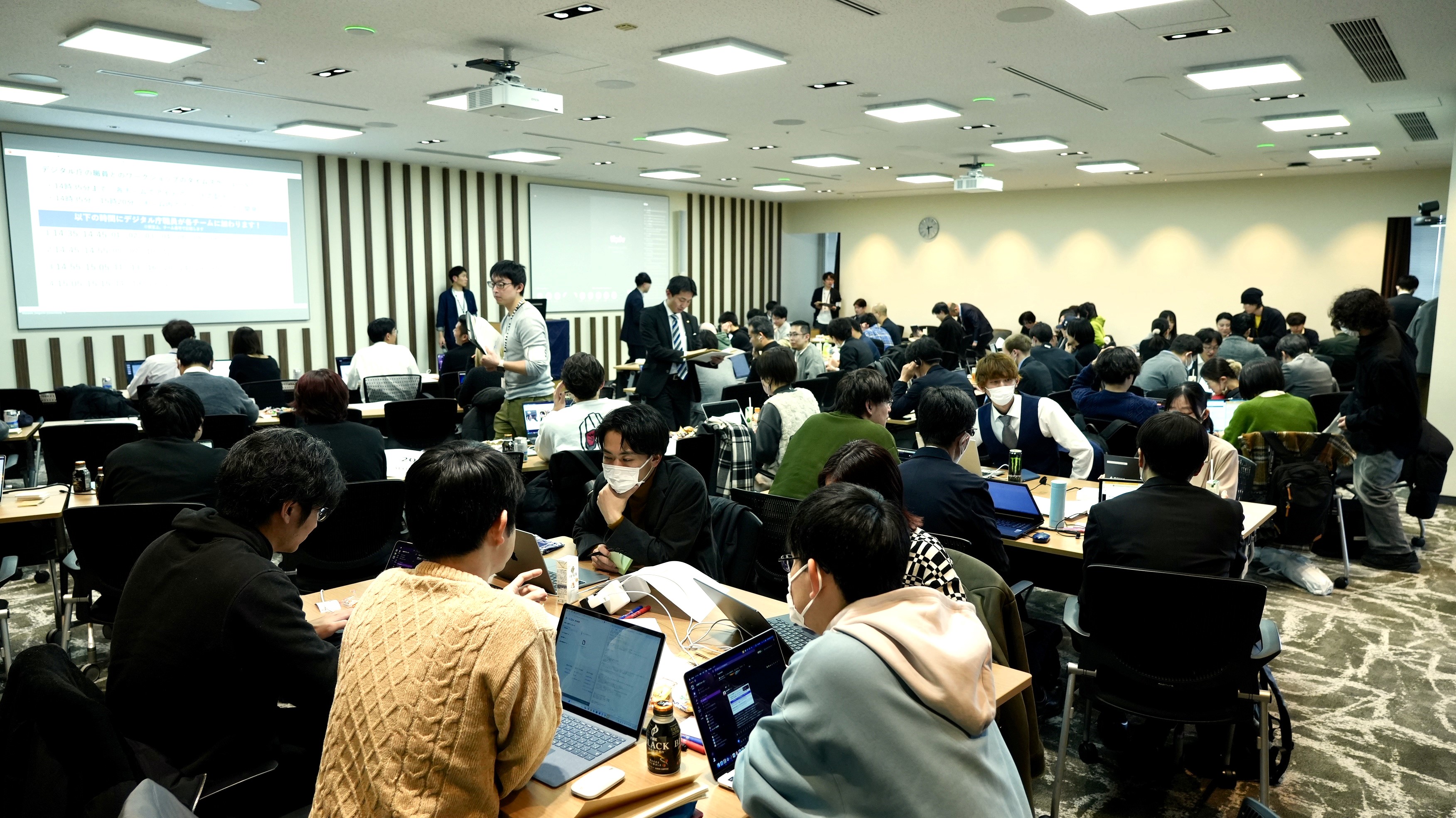 Inside the entire room at the hackathon, participants sit at a table where each team talks about their ideas for the work to be developed. 