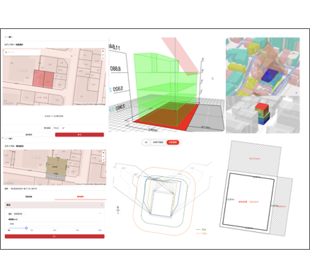 法令等データ利活用賞に選ばれた作品「建築基準法を遵守した建物生成AI」の作品画面イメージ。地図や該当番地に建てられる建物のAIによる自動生成画像等が表示されている。